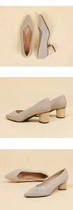 Detailed views of beige ribbed pointed-toe pumps with comfortable thick heels and French style