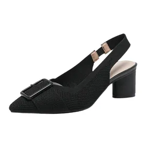 Elegant black pointed-toe knitted slingback sandals with comfortable block heels