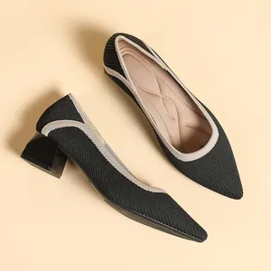 Women's Knitted Pointed Toe Block Heel Shoes Breathable Shallow Mouth Woven Casual Dress Flats Office Lady Footwear