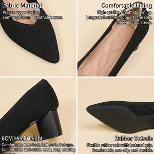Elegant black ribbed fabric pointed toe block heel pumps with V-cut design for women