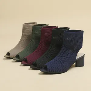 Detailed view of knitted peep-toe slingback ankle boots with block heels in multiple colors