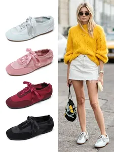 Chic women's ballet flat sneakers featuring elegant satin ribbon laces in four colors