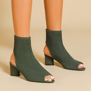 Stylish olive green knit peep-toe chunky heel boots with backless cut-out design.
