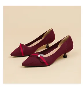 Elegant maroon fly-knit pointed-toe kitten heels with red strap and pearl accents