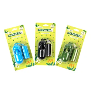 Detailed view of 3 colors dog poop bag dispensers with 30 bags refill rolls.