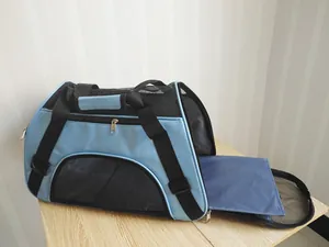 Detailed view of light blue breathable mesh pet carrier bag with removable interior mat