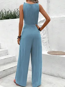 Detailed back view of a stylish blue sleeveless wide-leg jumpsuit with a V-neck and soft fabric texture