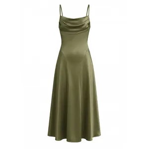 Elegant olive green satin slip dress featuring cowl neck and smooth draping texture