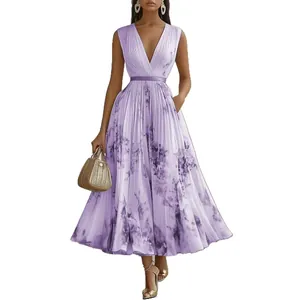 Elegant purple printed sleeveless V-neck maxi dress featuring a flowing pleated skirt