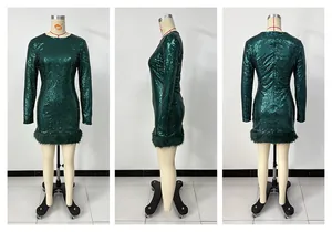Elegantes smaragdgrünes Paillettenkleid mit langen Ärmeln und Federbesatz am Saum