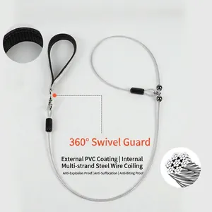Detail view of steel wire dog leash with padded handle and multi-strand core