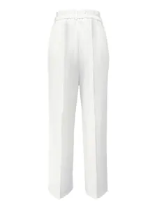 Rear view of elegant white high-waisted straight-leg dress trousers for women