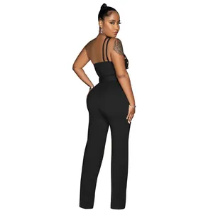Rear view of a stylish black one-shoulder jumpsuit featuring a wide-leg silhouette