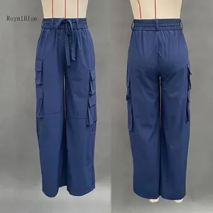 Detailed front and back views of women's royal blue high street loose wide-leg cargo pants