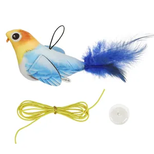 Electronic chirping plush bird cat toy with suction cup and elastic hanging string