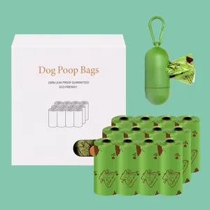 Detailed set of 15 eco-friendly dog poop bag rolls with a green dispenser and box