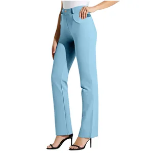Women's elegant light blue high-waisted straight-leg trousers for office and daily wear