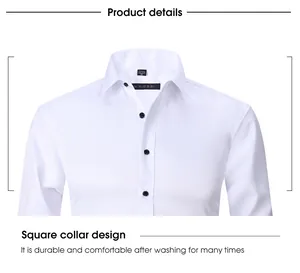 Detailed view of the square collar design on a men's white slim-fit business casual shirt.