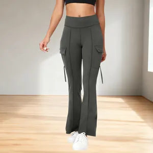 Detailed view of women's high-waisted flared yoga pants featuring stylish cargo pockets.