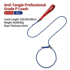 Blue braided dog slip lead for training with 6mm thickness and red handle