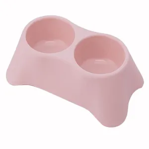 Durable pink double pet bowl for cats and dogs with anti-overturn design for feeding