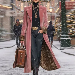 Elegant pink velvet long coat with leopard print lining for women in winter snow