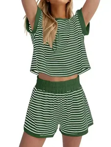 Women's casual two-piece striped set with short sleeves and elastic waist shorts