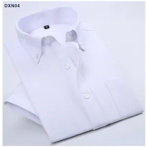 Detailed close-up of white short-sleeved Oxford shirt with button-down collar