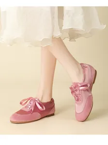 Pink ballet flats with satin ribbon laces and soft suede texture in a detail shot.