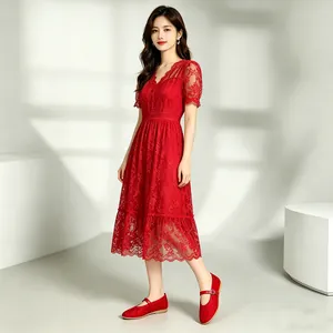 Elegant red embroidered Mary Jane shoes with mesh detail for wedding or banquet scenes