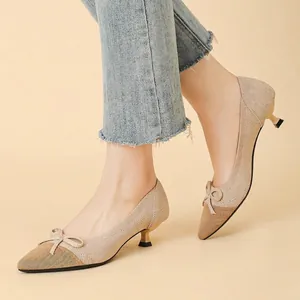 Elegant pointed-toe knit kitten heel pumps with bow accent in beige two-tone