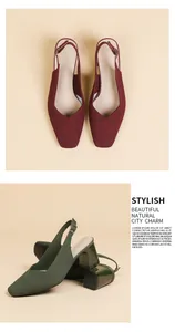 Close-up of elegant burgundy and green knit slingback pumps with block heels.