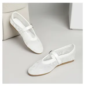 Elegant white mesh Mary Jane shoes with floral embroidery and flat buckle strap design.