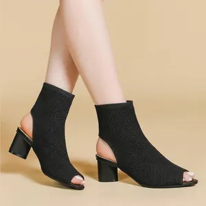 Women's Peep Toe Knit Ankle Boots Hollow Out Chunky Heel Western Style Breathable Slingback Sandal Boots