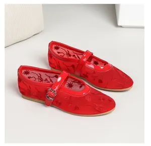Elegant red embroidered mesh Mary Jane flat shoes featuring a glossy buckle strap detail