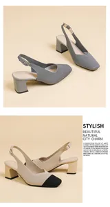 Modern square-toe slingback heels in grey and bicolor beige-black knit fabric
