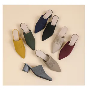 Collection view of breathable knit pointed-toe mules with chunky heels in many colors
