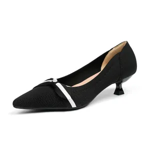 Elegant black pointed-toe knit kitten heel pumps with decorative pearl strap detail