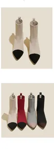 A collection of stylish pointed-toe knit sock boots in beige, red, grey, and black
