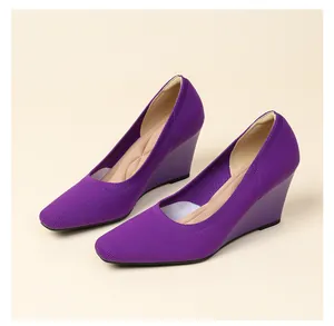 Elegant purple square toe wedge pumps featuring a breathable knitted mesh upper design
