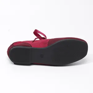 Red satin ballet flat for women with ribbon ties and non-slip sole view