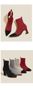 Color variants of pointed-toe ribbed knit sock boots featuring flared high heels