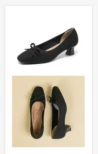 Detailed view of black knit square-toe chunky heel pumps with a decorative bow