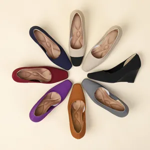 Women Square Toe Wedge Knit High Heels Breathable Elastic Fabric Fashion Slip On Comfortable Dress Shoes For Casual Office