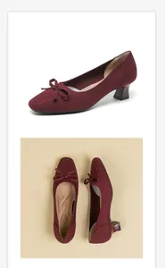 Detailed views of burgundy knitted square toe pumps with elegant bow and block heels