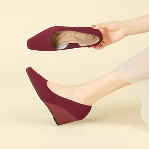 Elegant burgundy knit square-toe wedge heels with breathable elastic woven upper for women
