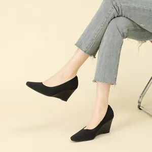 Elegant black square toe knit wedge high heels for women with breathable elastic upper