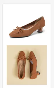 Multi-angle view of knitted square toe pumps with bow detail and chunky low heels.