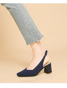 Detailed view of navy blue knitted square toe slingback sandals with chunky heel