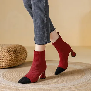 Elegant red knit pointed toe high heel ankle boots with black toe cap for women fashion